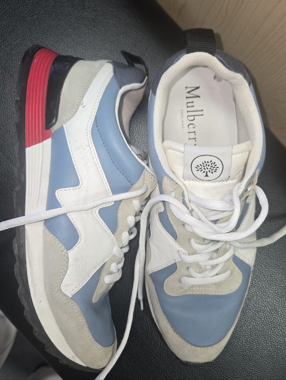 Mulberry Blue, White & Red Casual Leather Sneakers Sz 40 Or 9.5us
